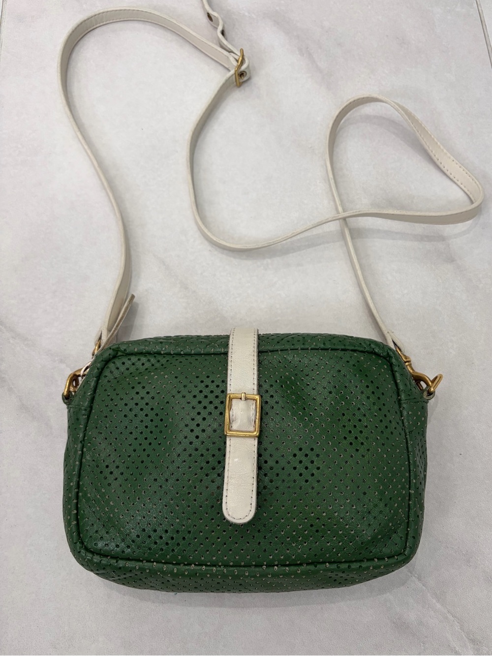 Clare V Green Perforated Crossbody Bag with Adjustable /Removable Cream Strap